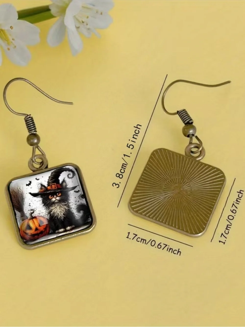 Halloween Cat Pumpkin Drop Earrings in Black and Orange